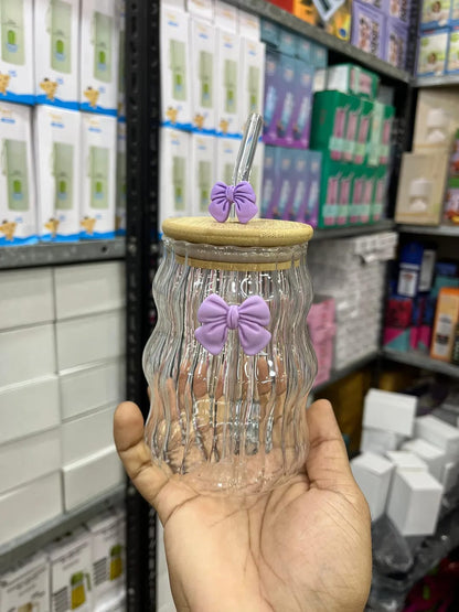 Cute Bow-Knot Glass Travel Mug with Straw