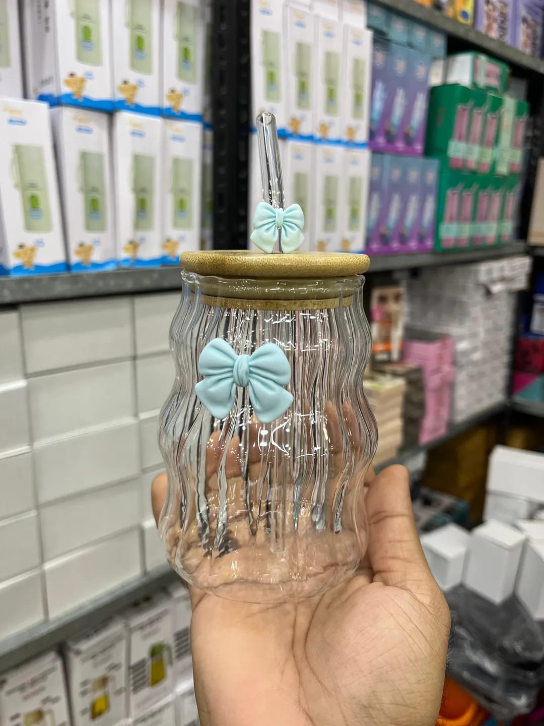 Cute Bow-Knot Glass Travel Mug with Straw