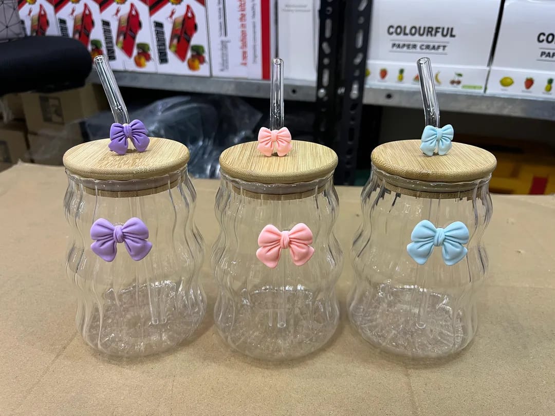 Cute Bow-Knot Glass Travel Mug with Straw