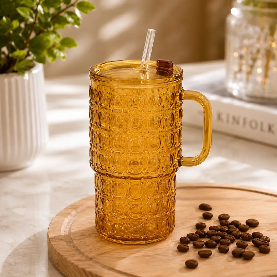 500ML Bubble Design Glass Tumbler with Handle & Straw