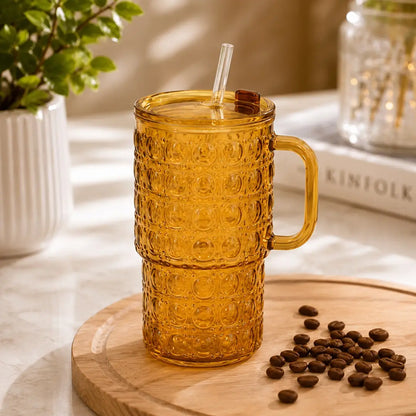 500ML Bubble Design Glass Tumbler with Handle & Straw