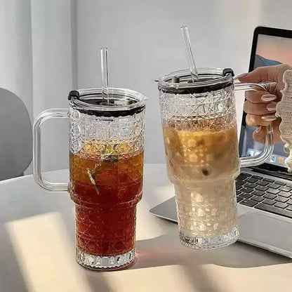500ML Bubble Design Glass Tumbler with Handle & Straw