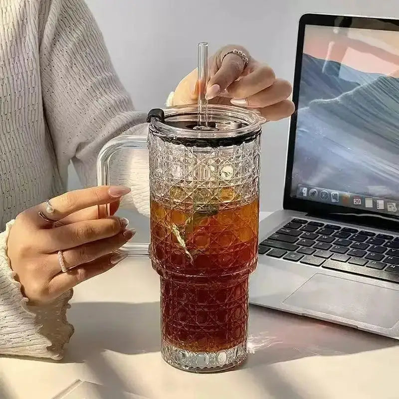 500ML Bubble Design Glass Tumbler with Handle & Straw