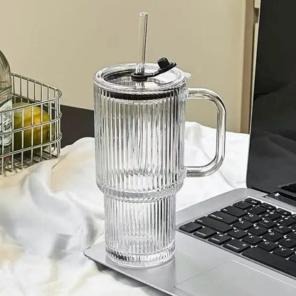 500ML Bubble Design Glass Tumbler with Handle & Straw