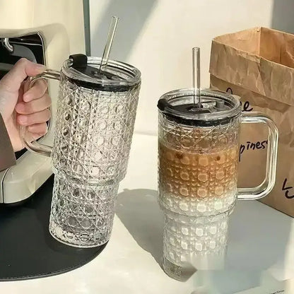 500ML Bubble Design Glass Tumbler with Handle & Straw
