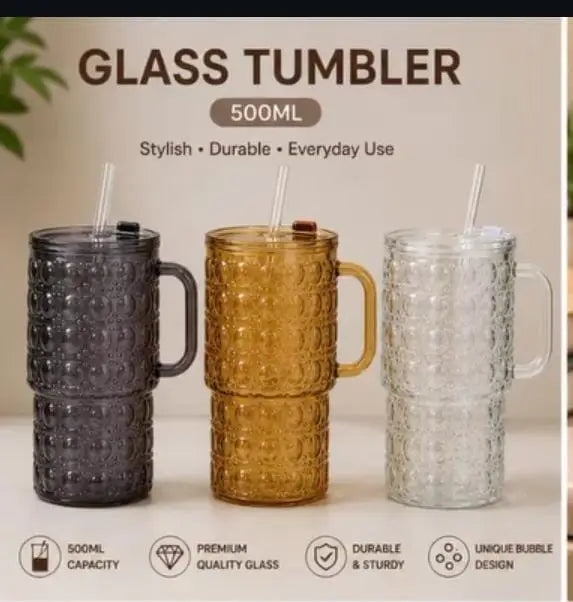 500ML Bubble Design Glass Tumbler with Handle & Straw